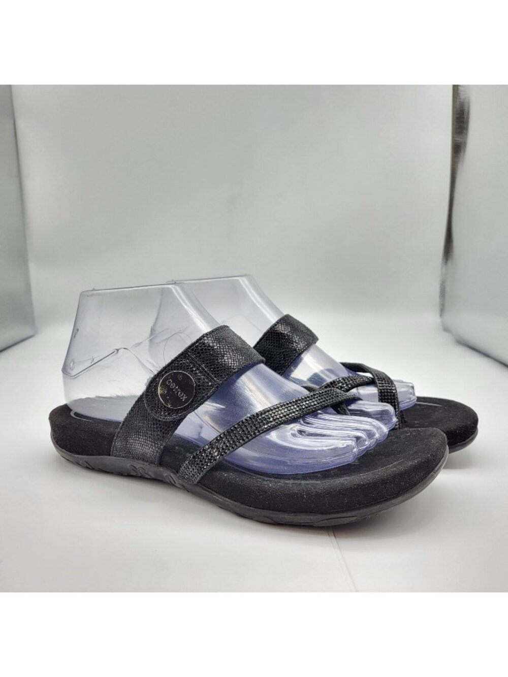Aetrex Izzy Sparkle Sandals Womens 8.5 Snakeskin Rhinestone Orthotic Black Vegan